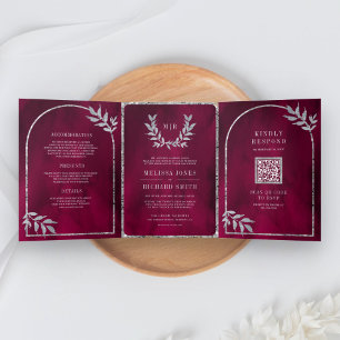 Invitation Trois Volets Feuilles de la couronne d'argent Laurel Fuchsia Ma