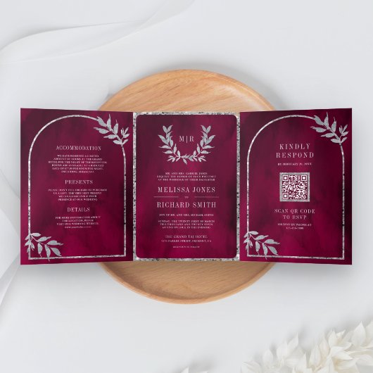 Invitation Trois Volets Feuilles de la couronne d'argent Laurel Fuchsia Ma