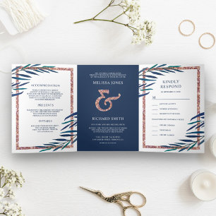 Invitation Trois Volets Feuilles de la Marine Bleu Rose Parties scintillan