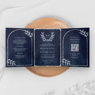 Invitation Trois Volets Feuilles de laurier argent Couronne Mariage Bleu m