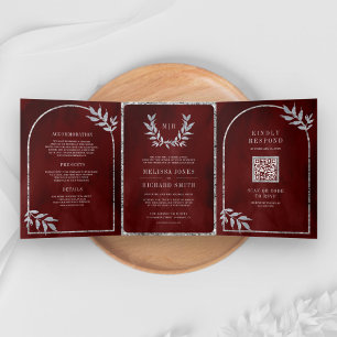 Invitation Trois Volets Feuilles de Laurier Argent Couronne Rouge Bourgogn