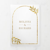 Invitation Trois Volets Feuilles de Laurier en Or pour Mariage Blanc (Page de couverture)
