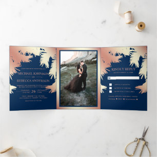 Invitation Trois Volets Feuilles de palmier en feuille d'or rose fausse bl