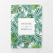 Invitation Trois Volets Feuilles de palmier vertes blanches tropicales Cod (Page de couverture)