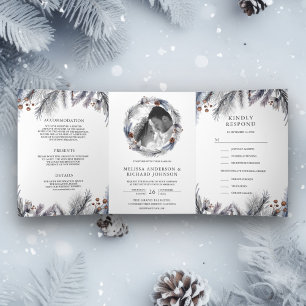 Invitation Trois Volets Feuilles de pin givré rustique Mariage d'hiver