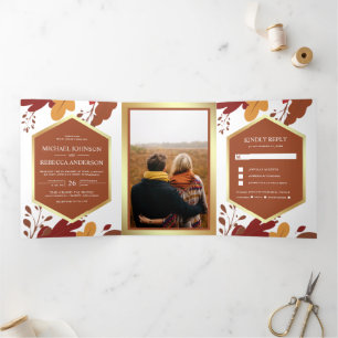 Invitation Trois Volets Feuilles de Terracotta Orange Rustique Mariage