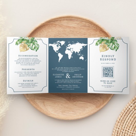 Invitation Trois Volets Feuilles tropicaux Dusty Blue World Map Mariage