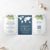 Invitation Trois Volets Feuilles tropicaux Dusty Blue World Map Mariage (Intérieur)
