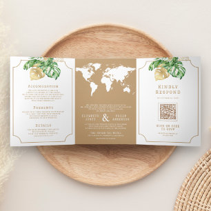 Invitation Trois Volets Feuilles tropicaux Tan World Map tout en un Mariag