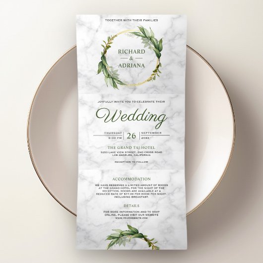 Invitation Trois Volets Feuilles verts botaniques Mariage Marbre blanc de 