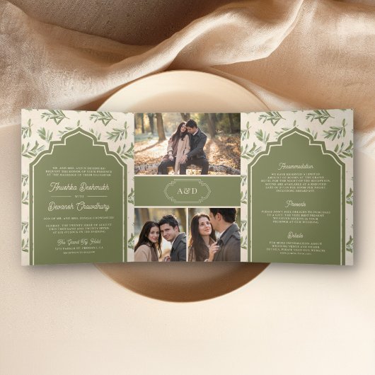 Invitation Trois Volets Feuilles verts d'olive en un seul Mariage indien