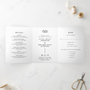 Invitation Trois Volets Fiona Noir et Blanc Gras Monogramme Mariage modern