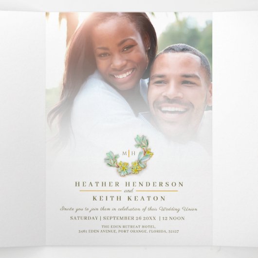 Invitation Trois Volets Fleur Jaune Sibbaldia mariage tout en un (Intérieur au milieu)