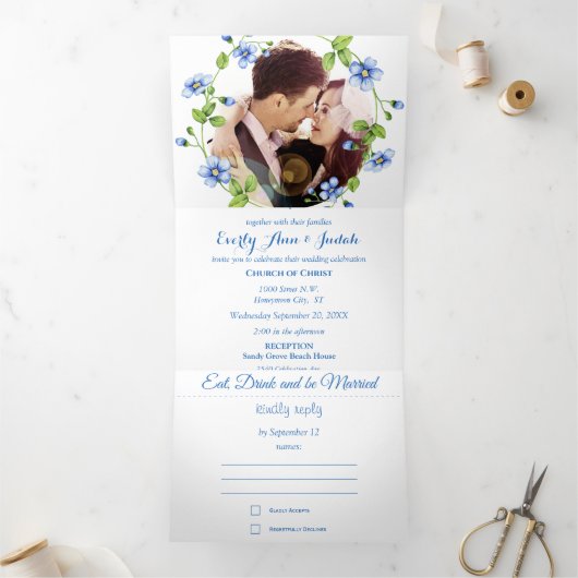 Invitation Trois Volets Fleur sauvage bleu Floral Mariage (Intérieur)