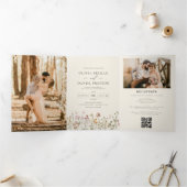Invitation Trois Volets Fleur sauvage Boho Beige tout en un QR Code Mariag (Intérieur)