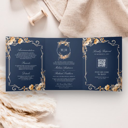 Invitation Trois Volets Fleur sauvage d'automne Crest Marine Bleu QR Code