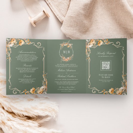 Invitation Trois Volets Fleur sauvage d'automne Crest Sage vert QR Code Ma