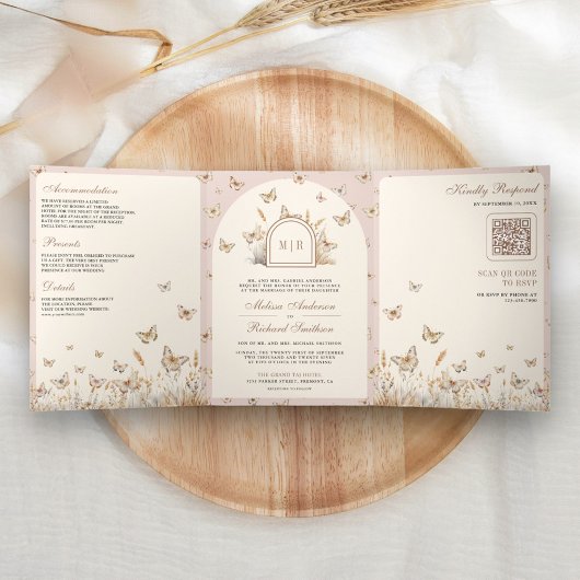 Invitation Trois Volets Fleur sauvage de crème rose pâle  papillon Mariage