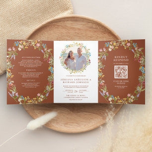 Invitation Trois Volets Fleur sauvage de Terracotta Boho Photo QR Code Mar