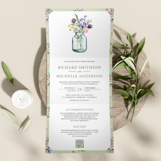 Invitation Trois Volets Fleur Sauvage Pot Mason Tout en Un Code QR Mariage