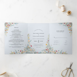 Invitation Trois Volets Fleur sauvage vintage Dusty Blue Mariage Monogramm