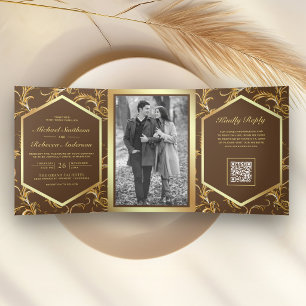 Invitation Trois Volets Fleurissement doré marron Tourbillon Code QR Photo