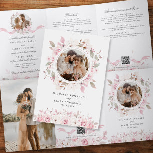 Invitation Trois Volets Fleurs aquarelles rose pâle Codes QR Mariage