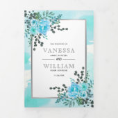 Invitation Trois Volets Fleurs bleu Aqua, fleurs feuilles été mariage (Page de couverture)