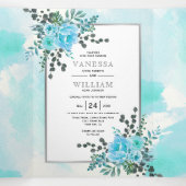 Invitation Trois Volets Fleurs bleu Aqua, fleurs feuilles été mariage (Intérieur au milieu)