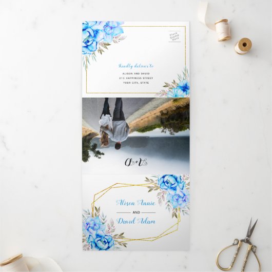 Invitation Trois Volets Fleurs d'aquarelle bleu Aqua avec mariage RSVP (Extérieur)