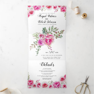 Invitation Trois Volets Fleurs d'aquarelle rose Fuchsia mariage