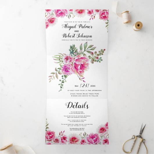 Invitation Trois Volets Fleurs d'aquarelle rose Fuchsia mariage (Intérieur)