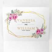 Invitation Trois Volets Fleurs d'aquarelle rose or mariage géométrique (Intérieur en premier)