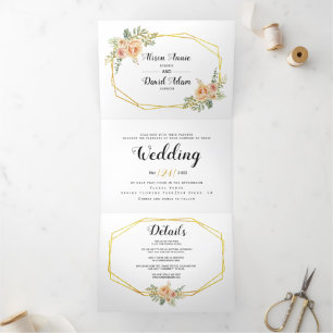 Invitation Trois Volets Fleurs d'aquarelle, typographie mariage floral