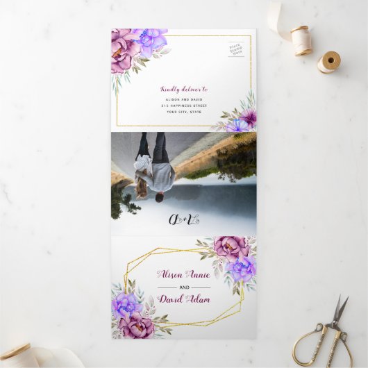 Invitation Trois Volets Fleurs d'aquarelle violet bleu avec mariage RSVP (Extérieur)