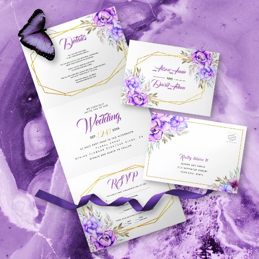 Invitation Trois Volets Fleurs d'aquarelle violette, lilas et mariage RSVP