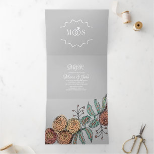 Invitation Trois Volets Fleurs de Carnation Moderne à l'Encre Botanique po