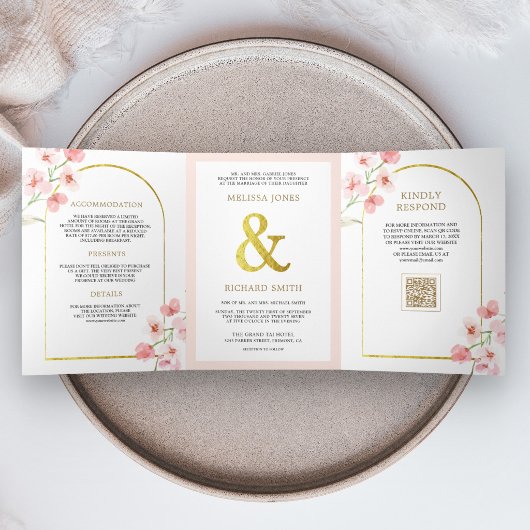 Invitation Trois Volets Fleurs de Cerisier Rose Foncé Code QR Mariage Flor