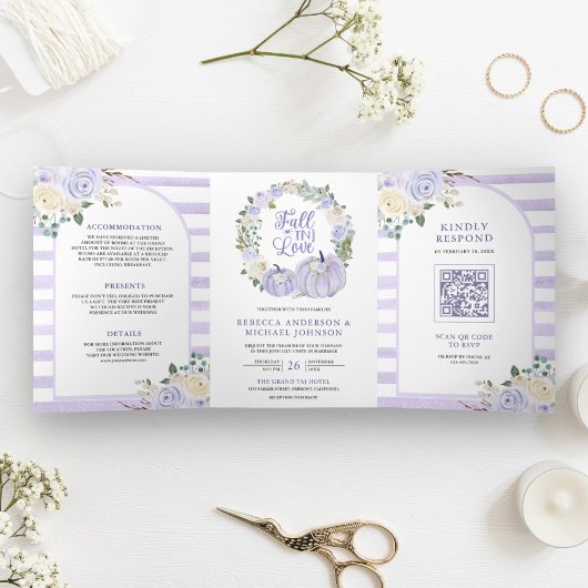 Invitation Trois Volets Fleurs de Lavande Roses Citrouille Code QR Mariage