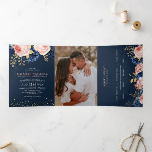 Invitation Trois Volets Fleurs de mariage élégantes Navy et rose blush Tri