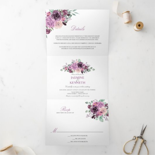 Invitation Trois Volets Fleurs de Mauve de Sangria Violette et Feuillage à (Intérieur)