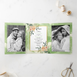 Invitation Trois Volets Fleurs de Pêche, feuille sauge vert mariage