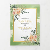 Invitation Trois Volets Fleurs de Pêche, feuille sauge vert mariage (Page de couverture)