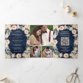 Invitation Trois Volets Fleurs de Pêche Poussiéreuses Bleu Marine Code QR (Intérieur)