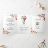 Invitation Trois Volets Fleurs de pivoine rose tendre Pot Mason Code QR Ma (Intérieur)