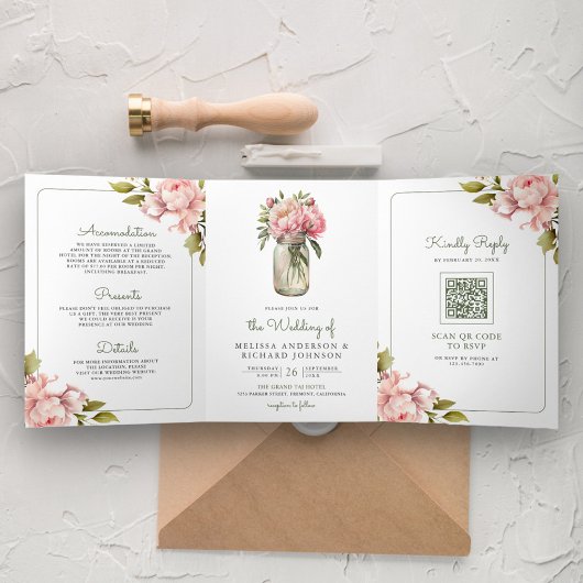 Invitation Trois Volets Fleurs de pivoine rose tendre Pot Mason Code QR Ma