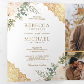 Invitation Trois Volets Fleurs de roses en crème douce dentelle dorée code (Intérieur en premier)