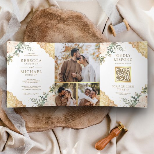 Invitation Trois Volets Fleurs de roses en crème douce dentelle dorée code