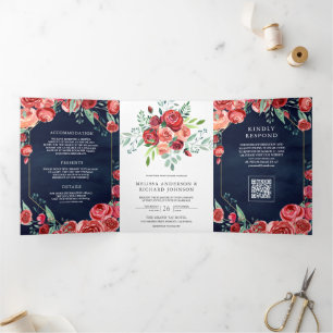 Invitation Trois Volets Fleurs de Roses Rouges Code QR Bleu Marine Mariage