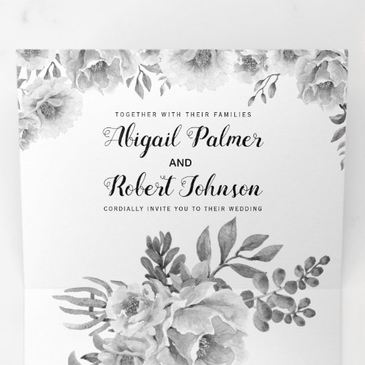 Invitation Trois Volets Fleurs d'eau gris, noir et blanc mariage (Intérieur en premier)